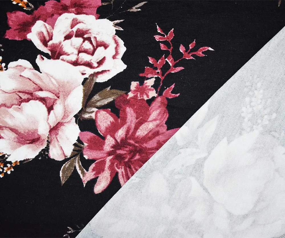 Black-Burgundy-Multi Cotton Floral Print Stretch Spandex Jersey Knit Fabric