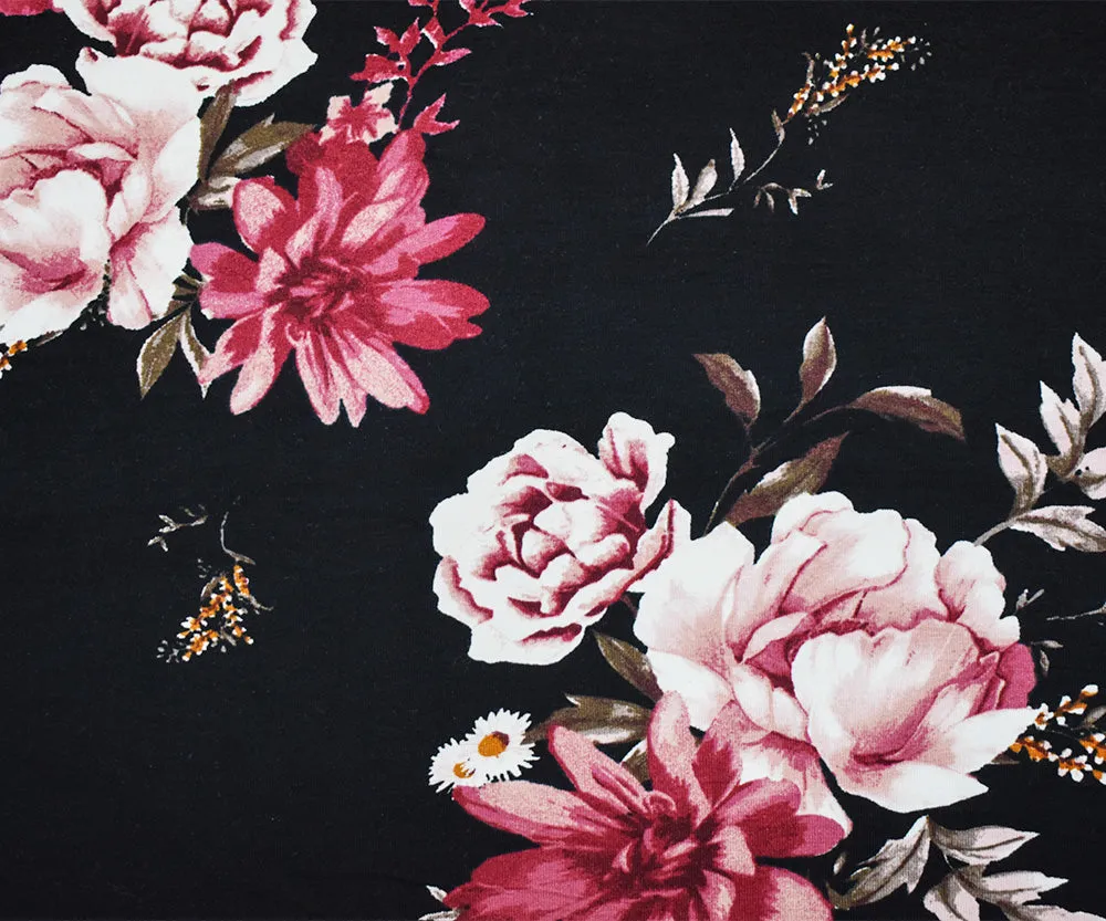 Black-Burgundy-Multi Cotton Floral Print Stretch Spandex Jersey Knit Fabric