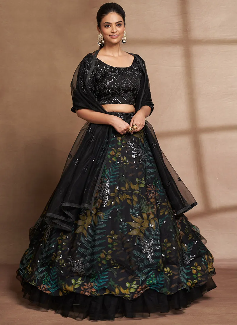 Black Floral Print And Sequence Embroidery Ruffled Lehenga Choli