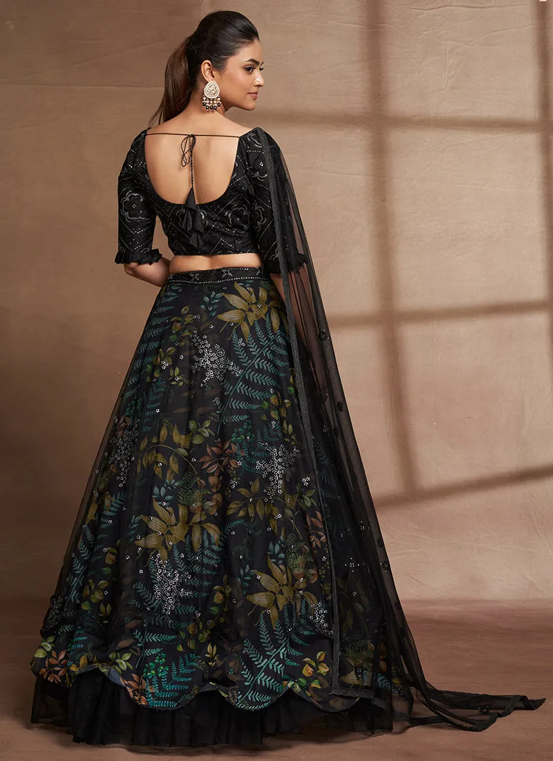 Black Floral Print And Sequence Embroidery Ruffled Lehenga Choli