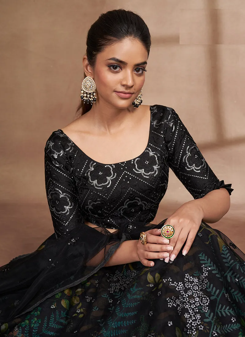 Black Floral Print And Sequence Embroidery Ruffled Lehenga Choli