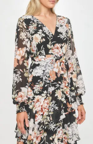 Black Long Sleeve Floral Tiered Hem Midi Cocktail Dress