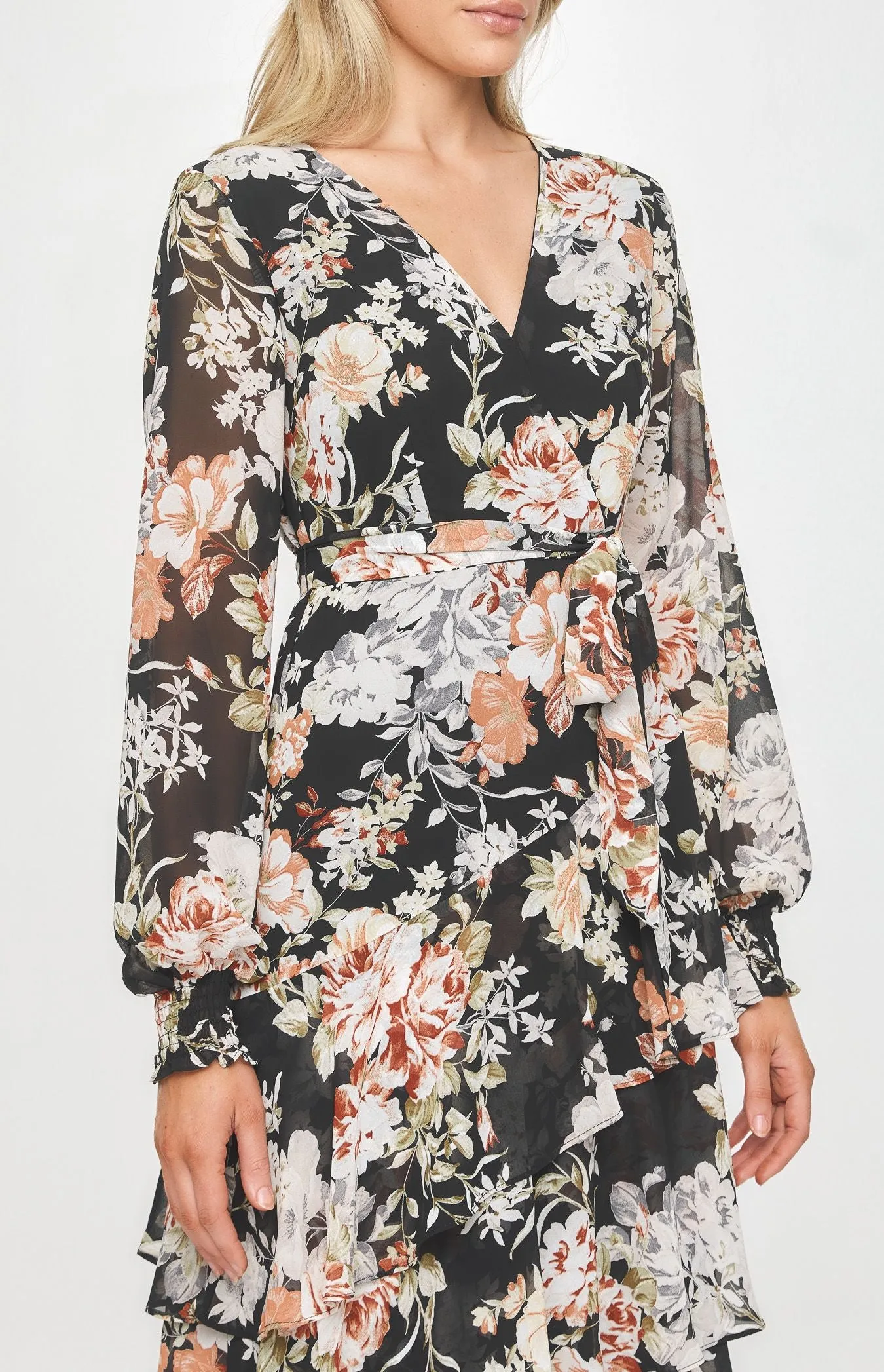 Black Long Sleeve Floral Tiered Hem Midi Cocktail Dress