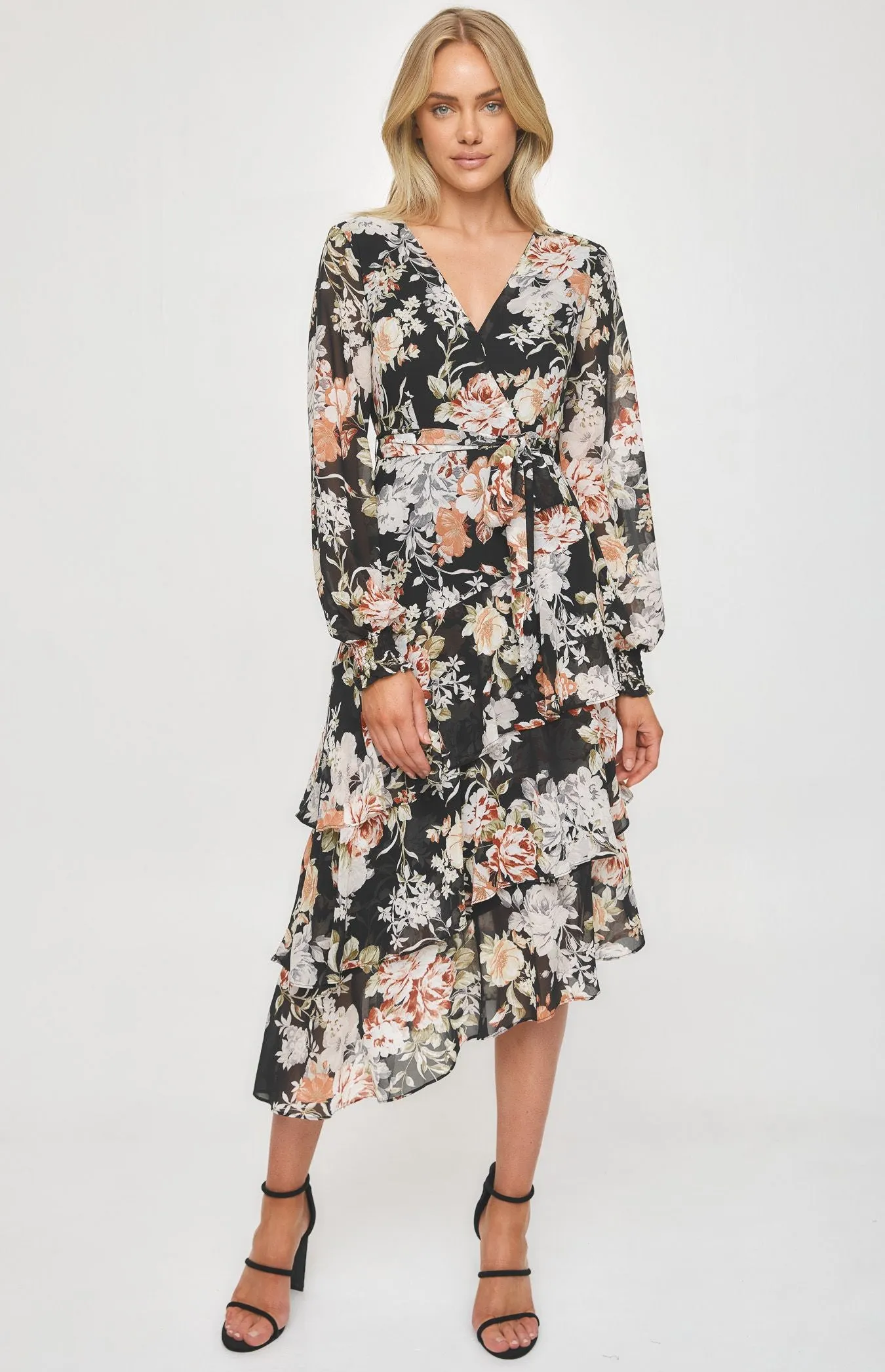 Black Long Sleeve Floral Tiered Hem Midi Cocktail Dress
