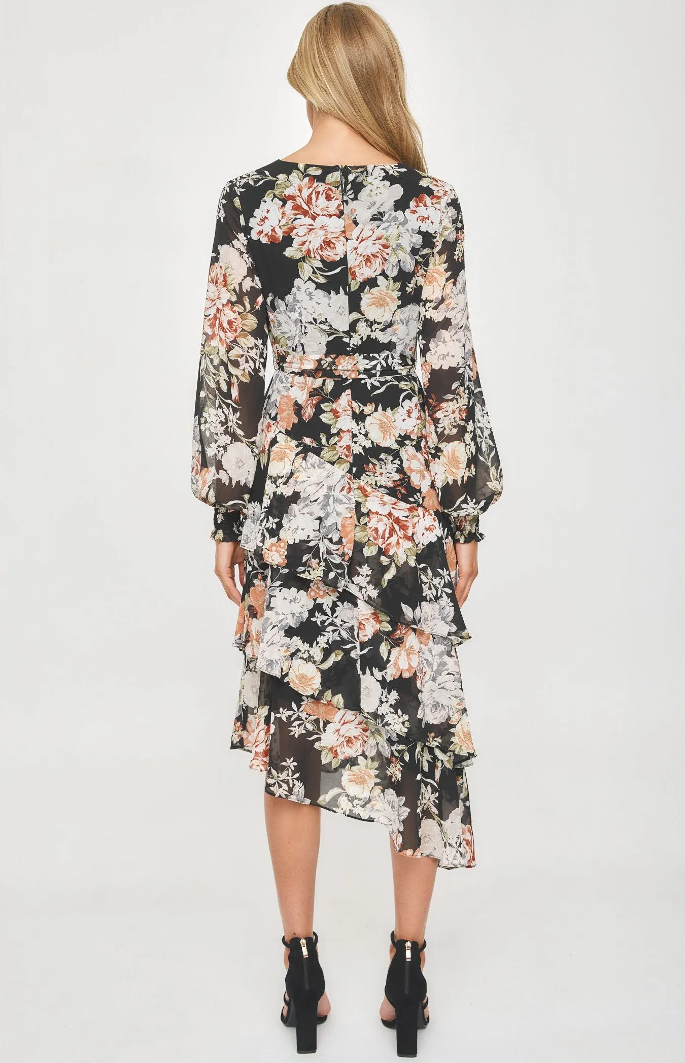 Black Long Sleeve Floral Tiered Hem Midi Cocktail Dress