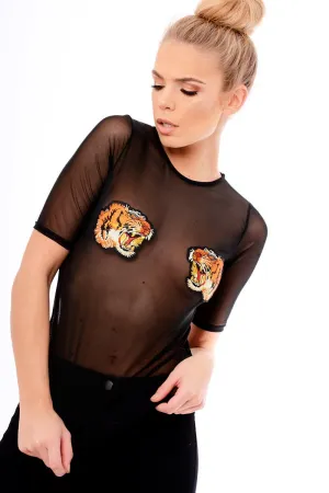 Black Mesh Lion Embroidered Top - Kourtney