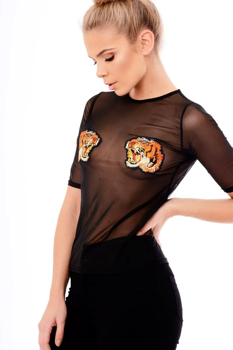 Black Mesh Lion Embroidered Top - Kourtney