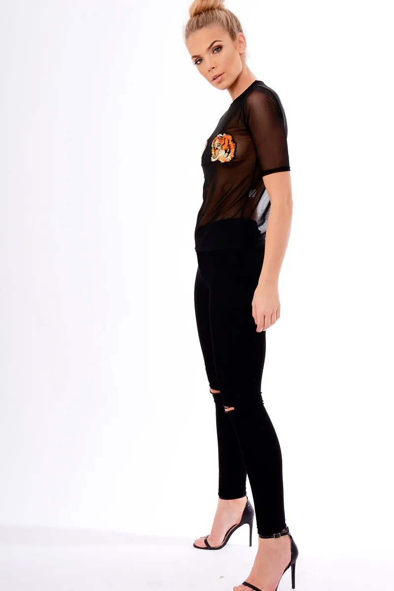 Black Mesh Lion Embroidered Top - Kourtney