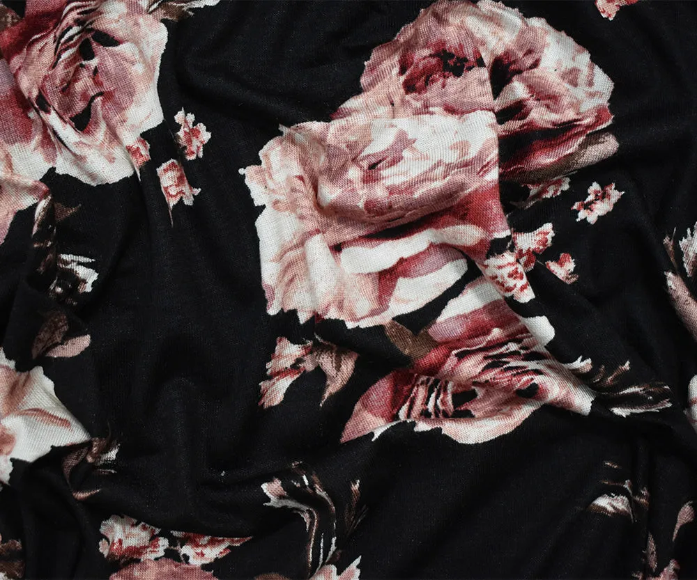Black-Pink-Multi Cotton Floral Printed Stretch Spandex Jersey Knit Fabric