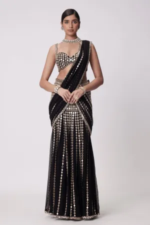 Black Pre Draped Saree Set