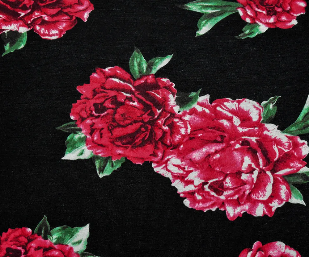 Black-Red-Green Cotton Floral Printed Stretch Spandex Jersey Knit Fabric