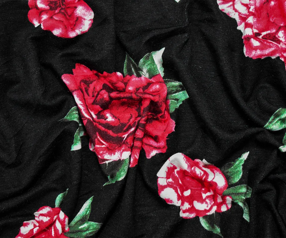 Black-Red-Green Cotton Floral Printed Stretch Spandex Jersey Knit Fabric
