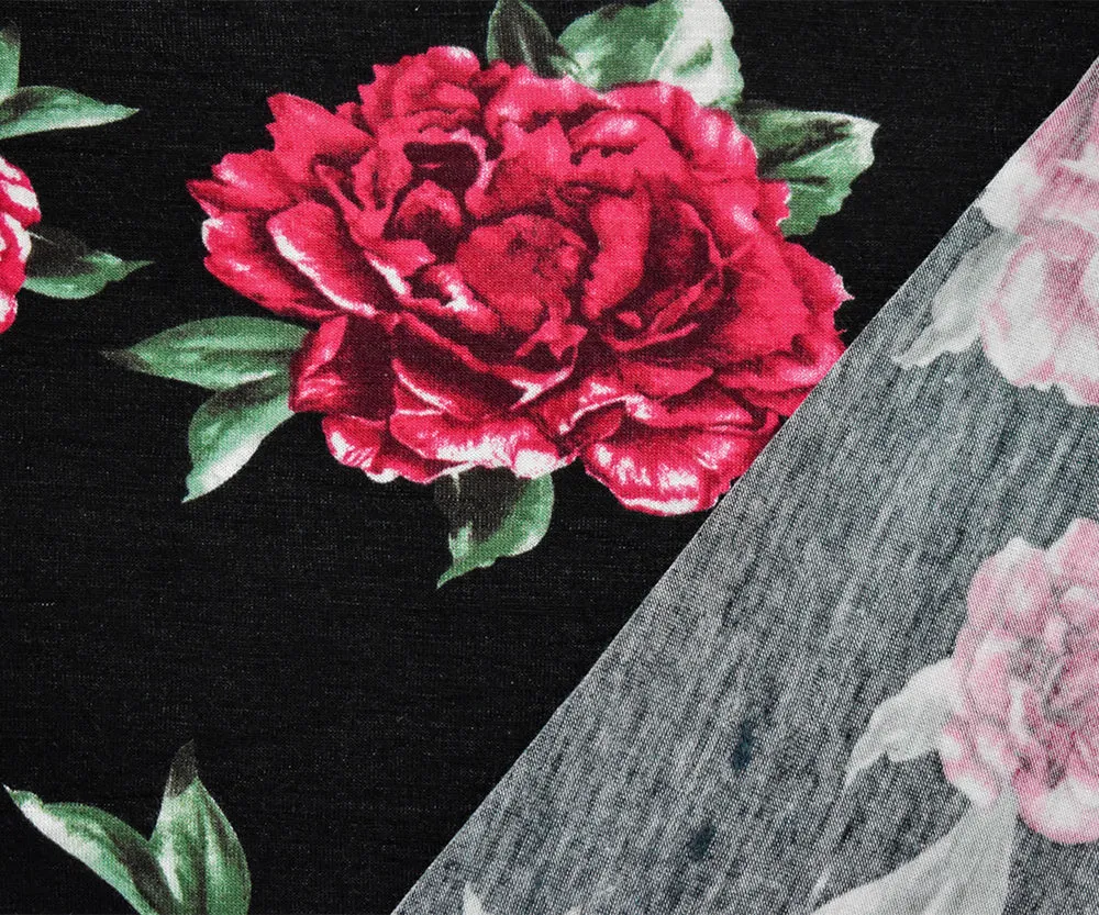 Black-Red-Green Cotton Floral Printed Stretch Spandex Jersey Knit Fabric