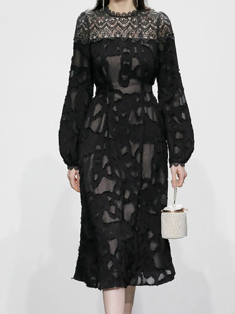 Black Semi Sheer Lace Long Sleeve 1950S Vintage Dress