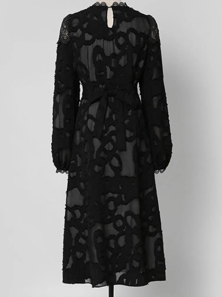 Black Semi Sheer Lace Long Sleeve 1950S Vintage Dress