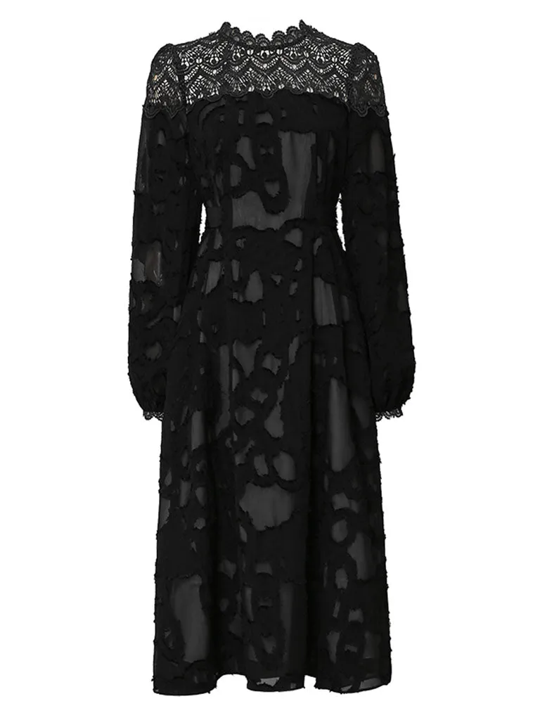 Black Semi Sheer Lace Long Sleeve 1950S Vintage Dress
