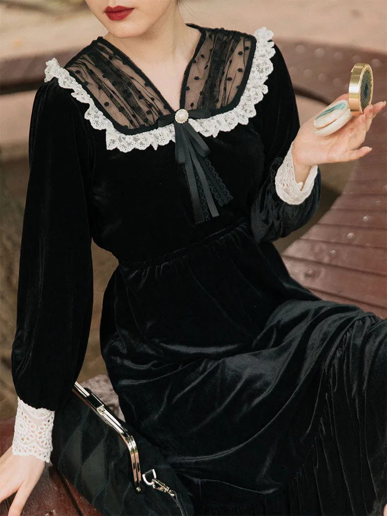 Black Semi-Sheer Velvet  Long Sleeve Lace Vintage Dress