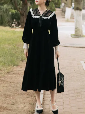Black Semi-Sheer Velvet  Long Sleeve Lace Vintage Dress