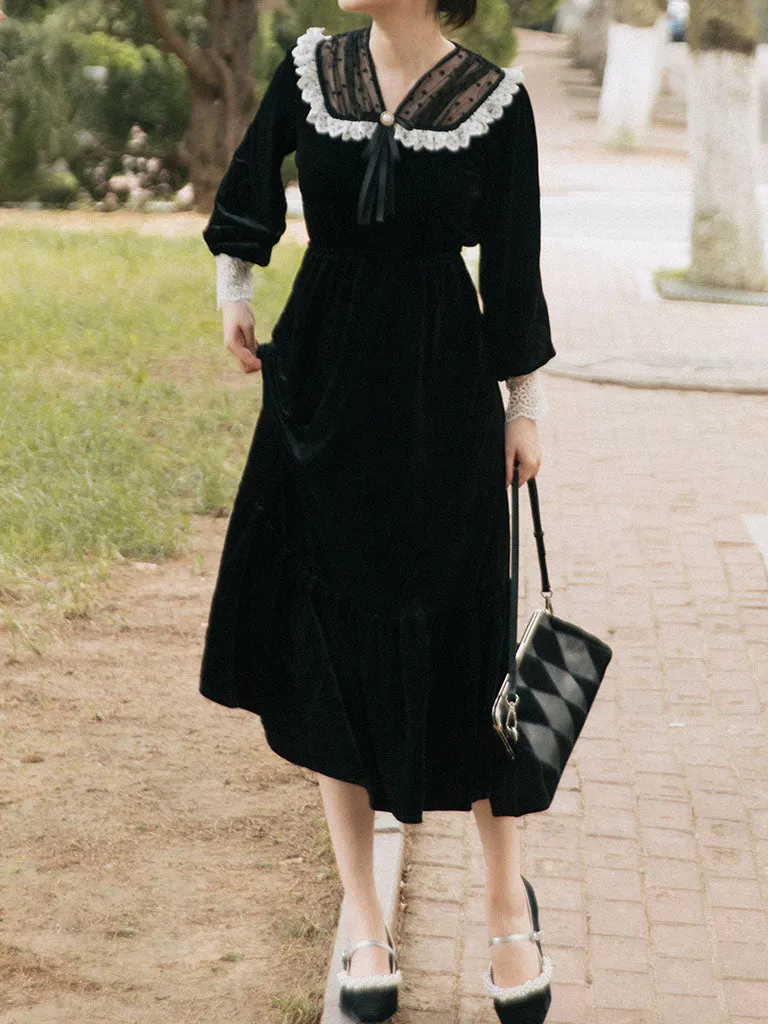 Black Semi-Sheer Velvet  Long Sleeve Lace Vintage Dress