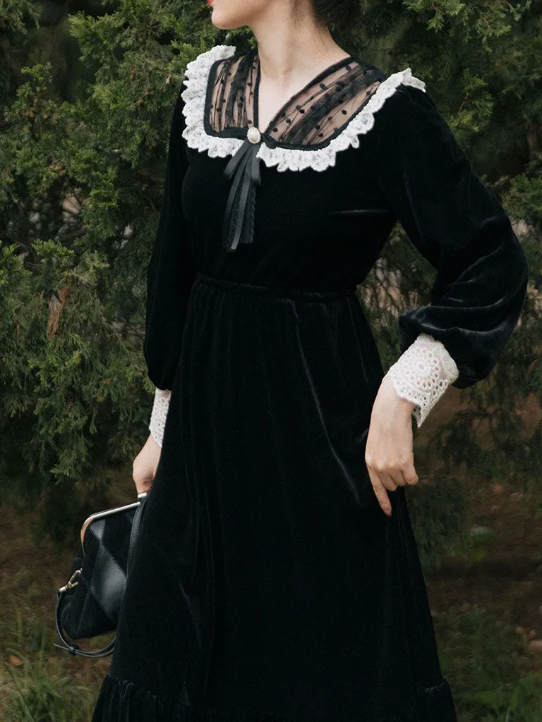 Black Semi-Sheer Velvet  Long Sleeve Lace Vintage Dress