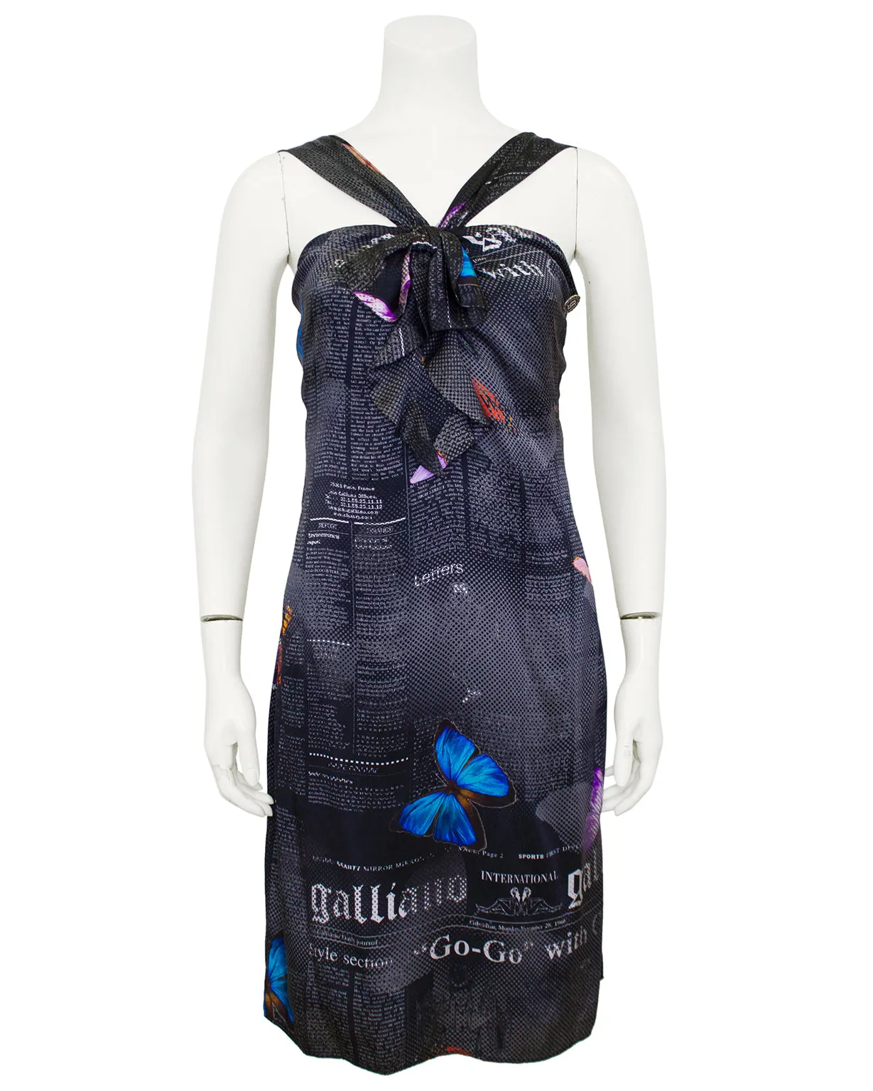 Black Silk Newsprint and Butterfly Cocktail Dress
