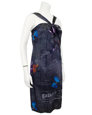 Black Silk Newsprint and Butterfly Cocktail Dress