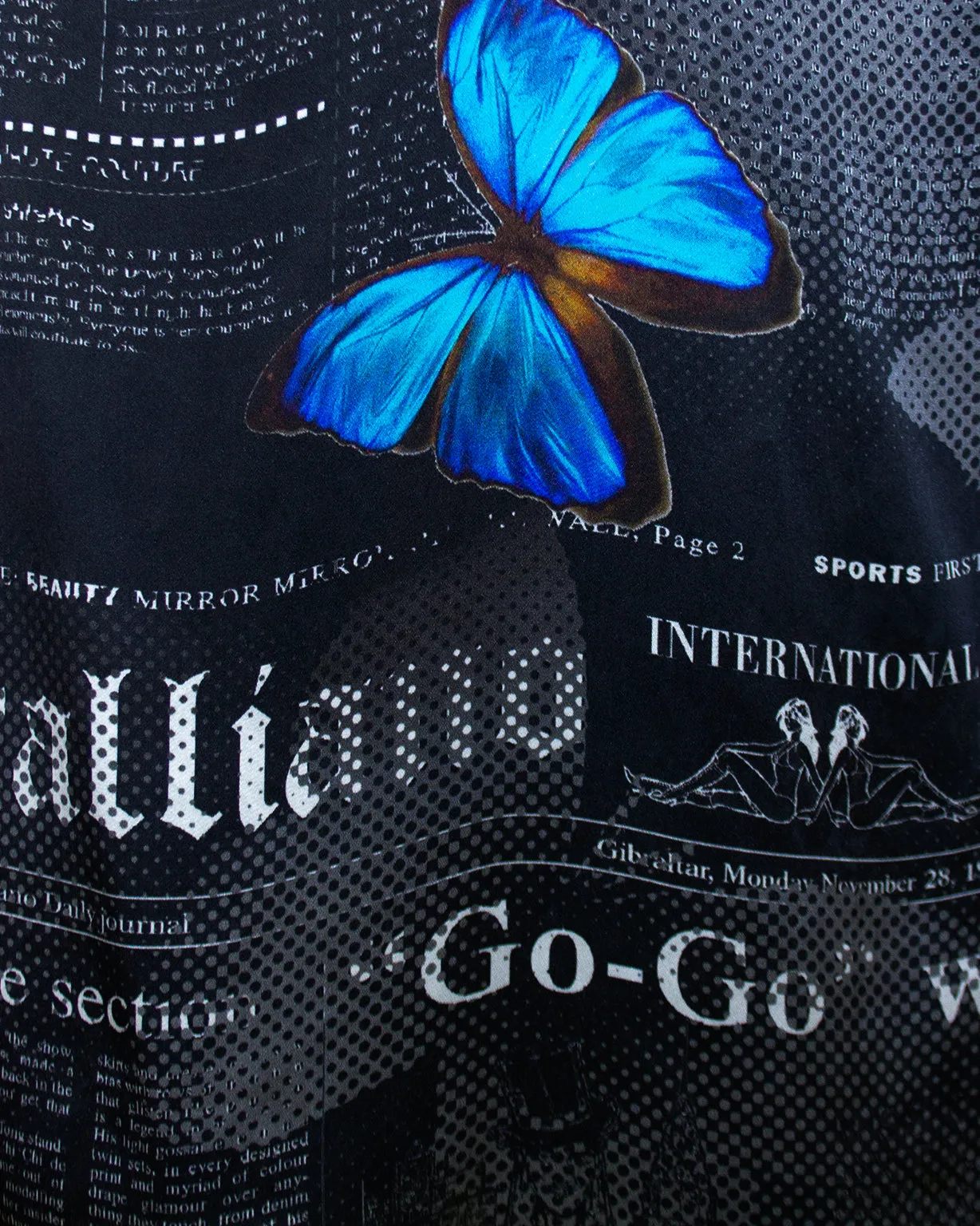 Black Silk Newsprint and Butterfly Cocktail Dress