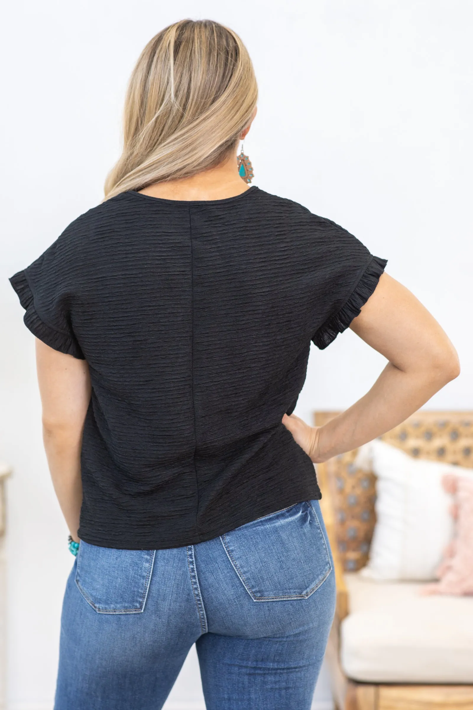 Black Textured Ruffled Short Sleeve Blouse