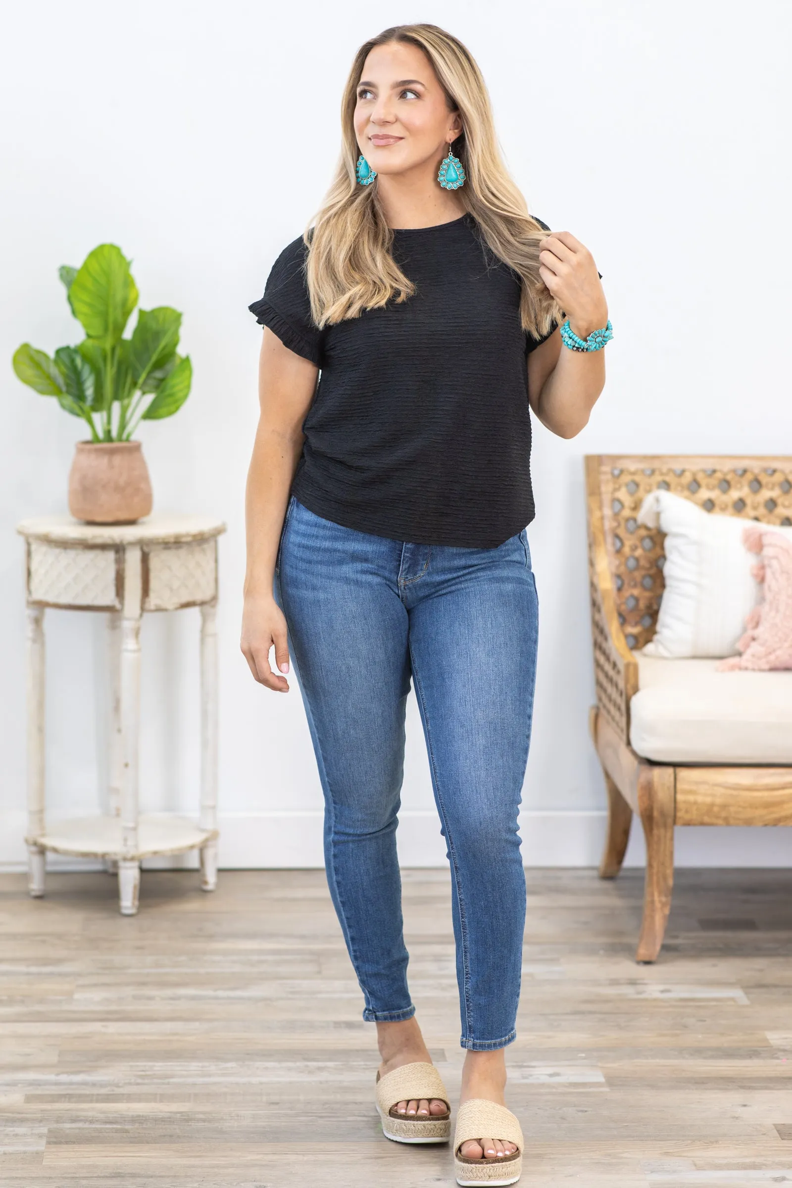 Black Textured Ruffled Short Sleeve Blouse