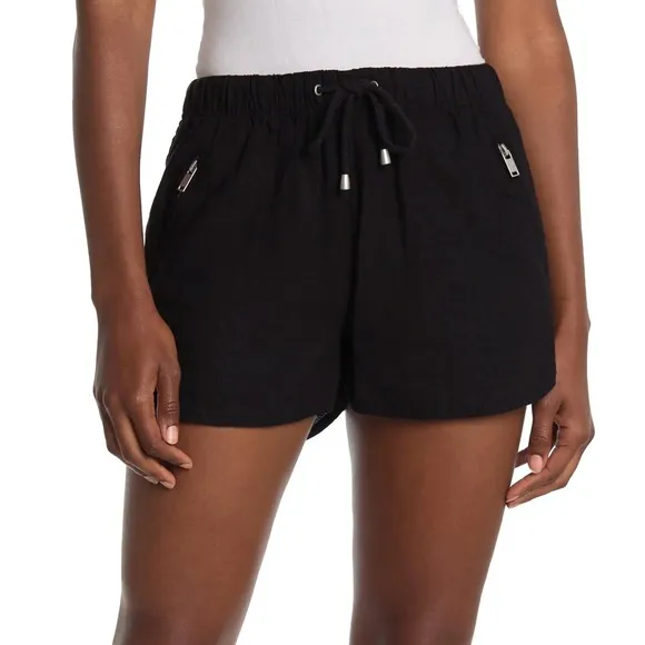BlankNYC Black Linen Blend Drawstring Silver Accented Shorts with Zipper Pockets