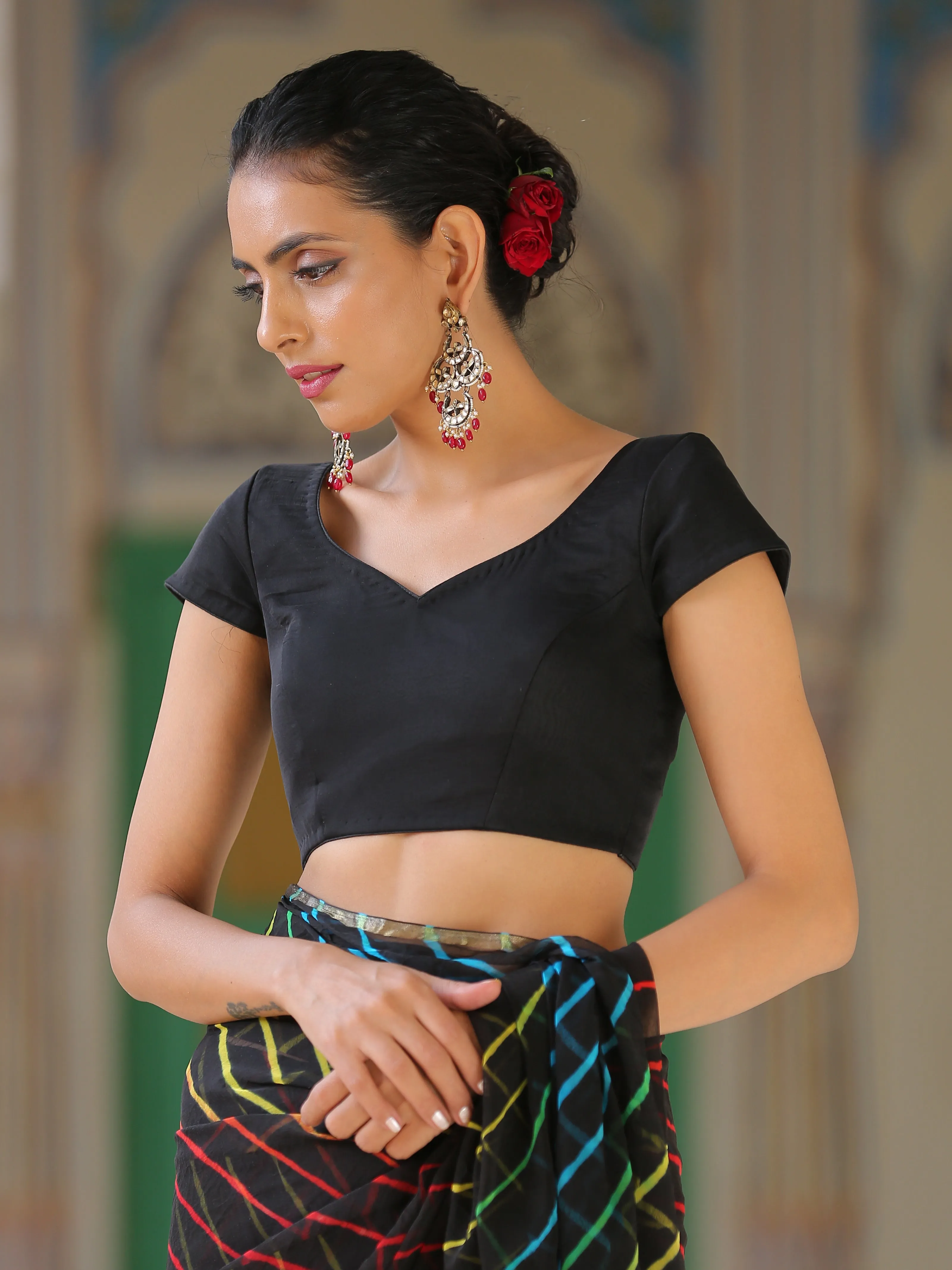 Blouse - Black Cotton Cap Sleeves