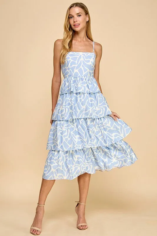 Blue Animal Printed Tiered Ruffled Skirt Dress
