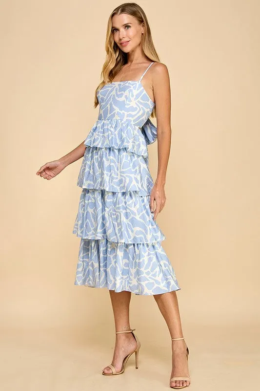Blue Animal Printed Tiered Ruffled Skirt Dress