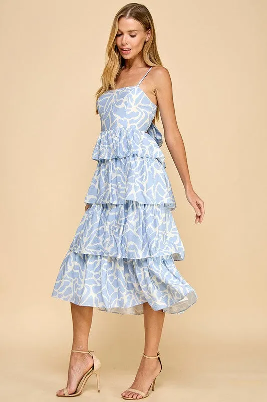 Blue Animal Printed Tiered Ruffled Skirt Dress