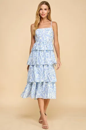 Blue Animal Printed Tiered Ruffled Skirt Dress