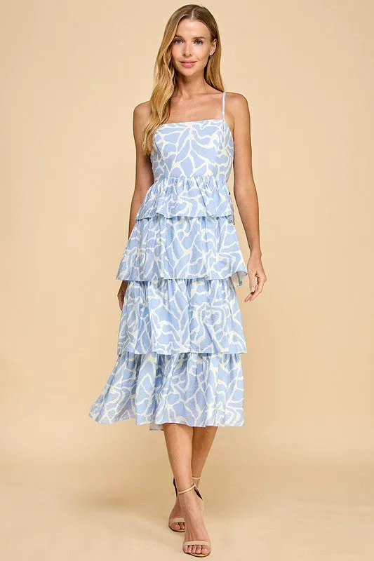 Blue Animal Printed Tiered Ruffled Skirt Dress