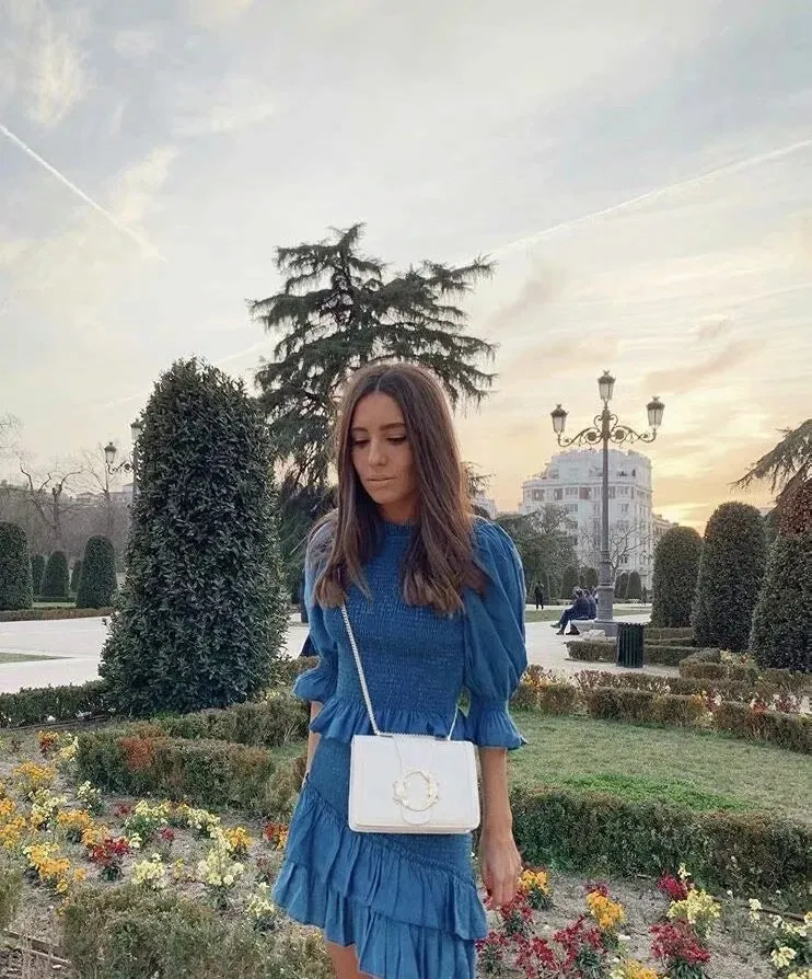 Blue Bubbles Sleeves Ruffles Blouse Irregular Hem Skirt Mini Dress Two-piece Set