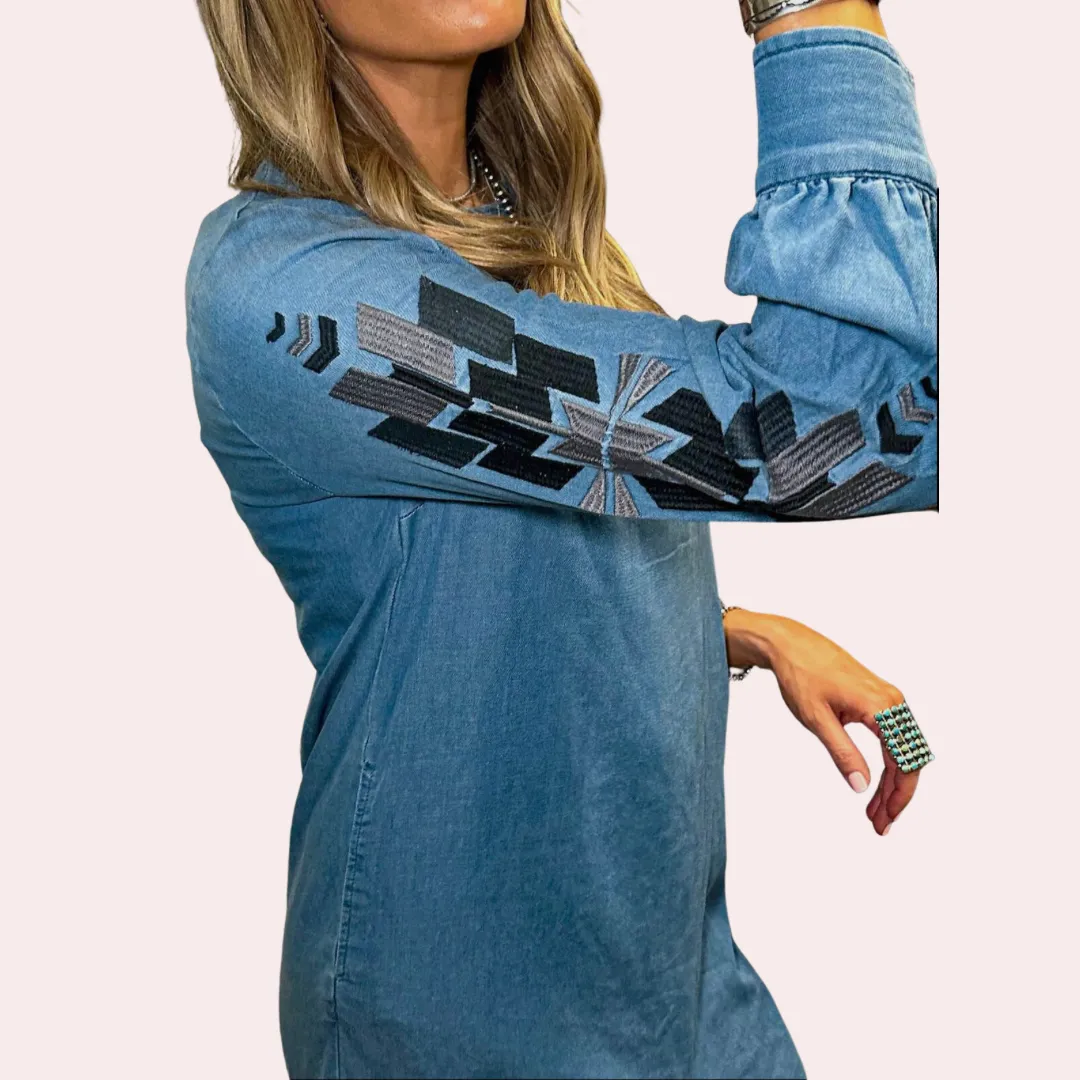 Blue dress with Aztec sleeves