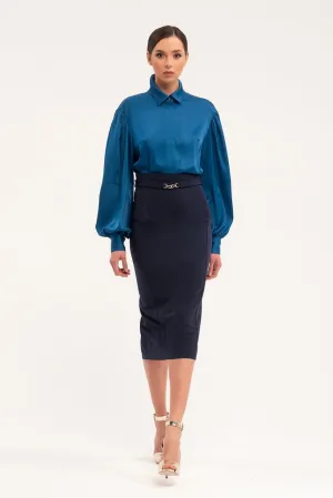 Blue Office Midi Pencil Skirt with Belt