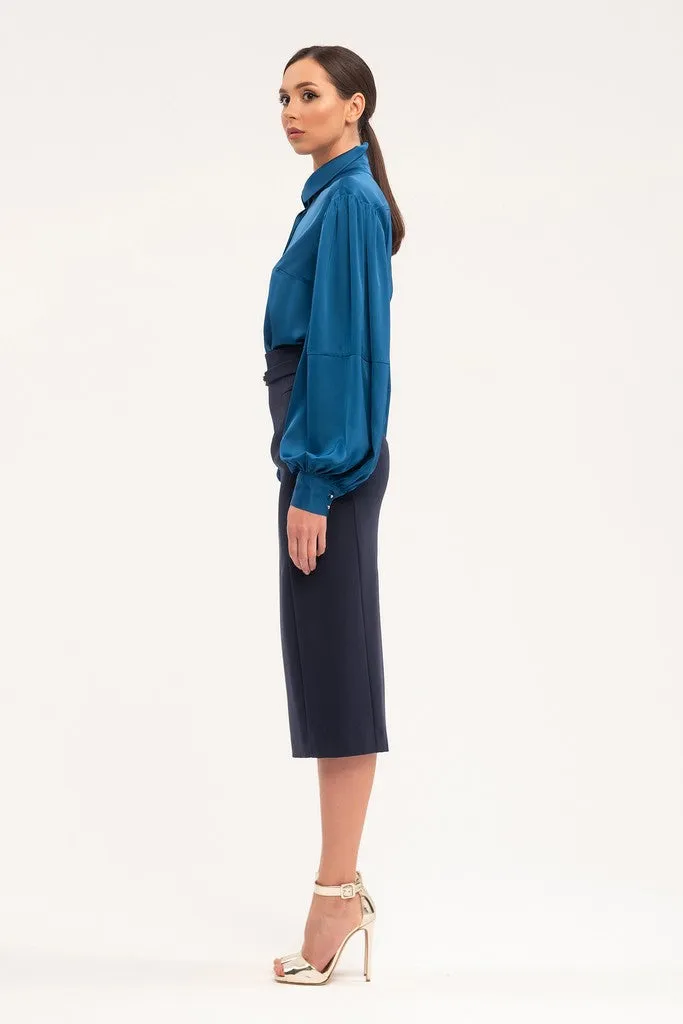 Blue Office Midi Pencil Skirt with Belt