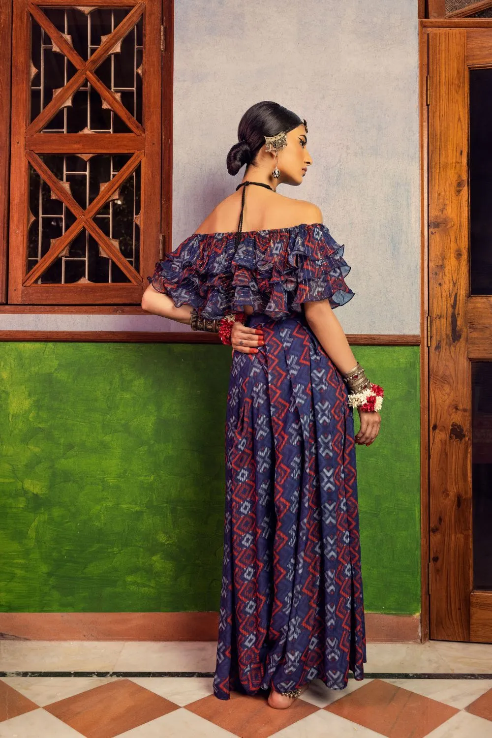 Blue Printed Ruffles Top & Pant set