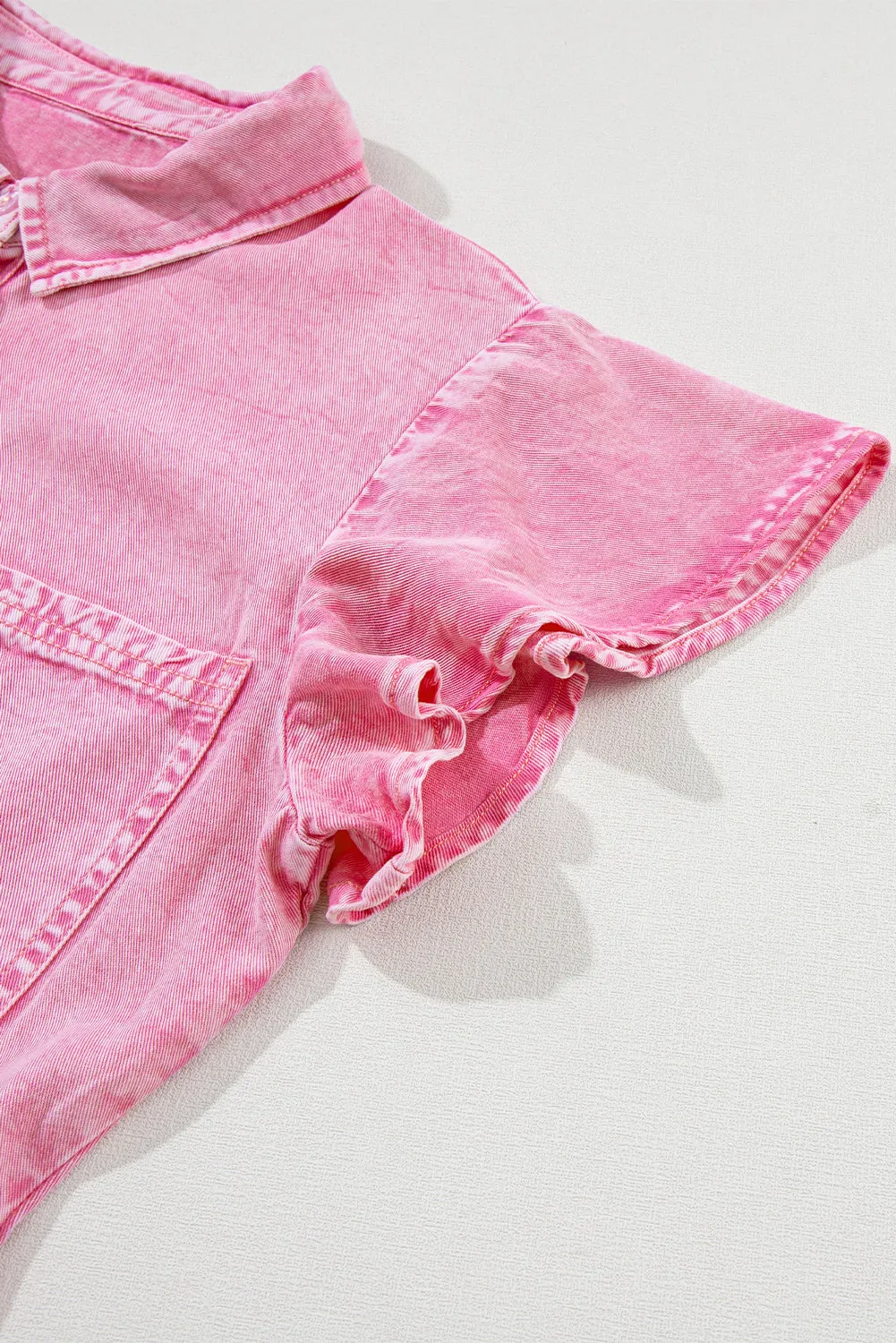 Bonbon Mineral Washed Button Front Ruffle Sleeve Tiered Denim Dress
