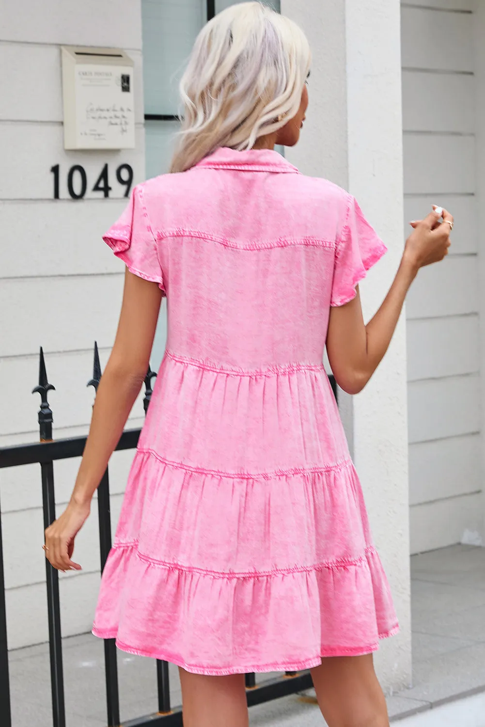 Bonbon Mineral Washed Button Front Ruffle Sleeve Tiered Denim Dress