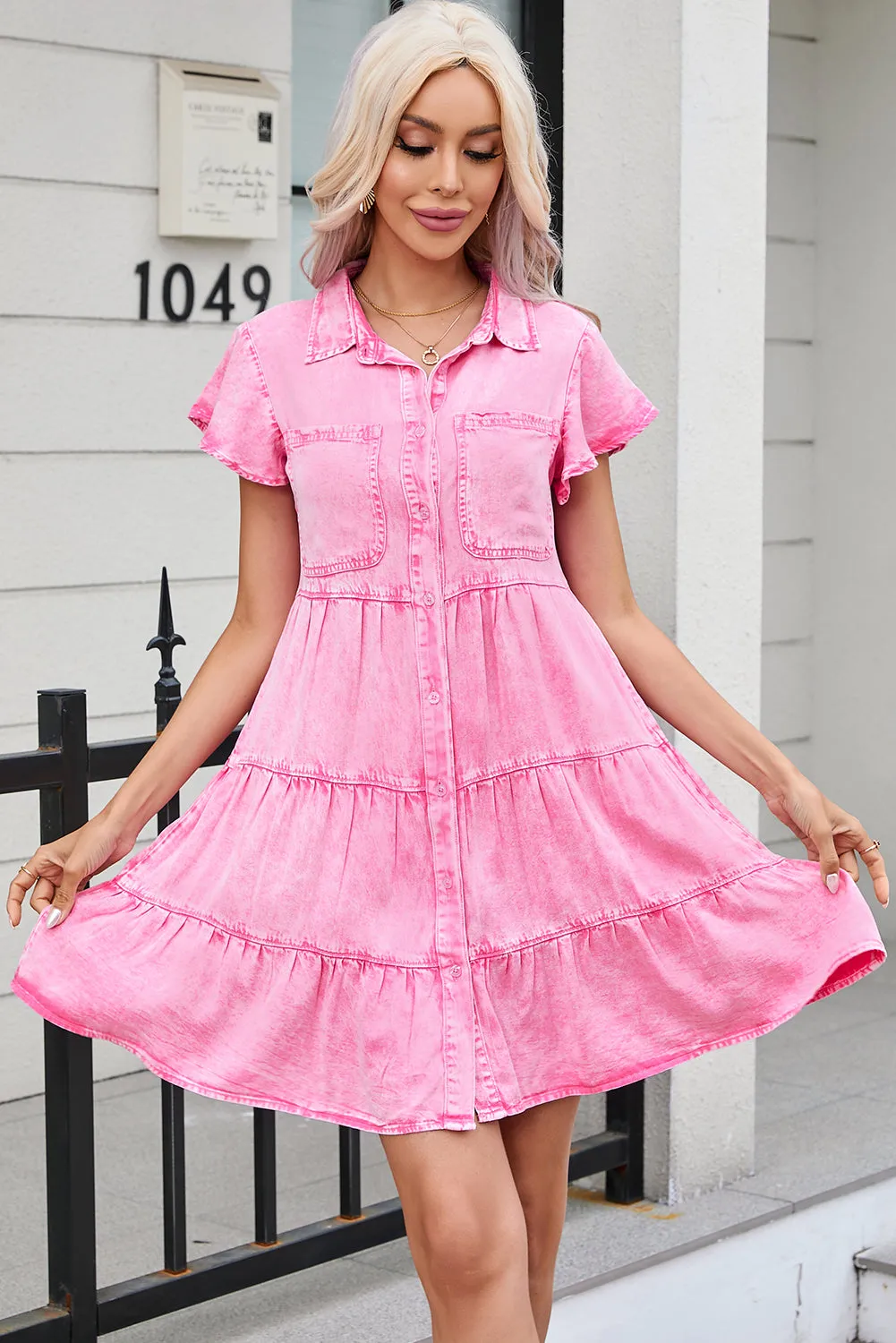 Bonbon Mineral Washed Button Front Ruffle Sleeve Tiered Denim Dress