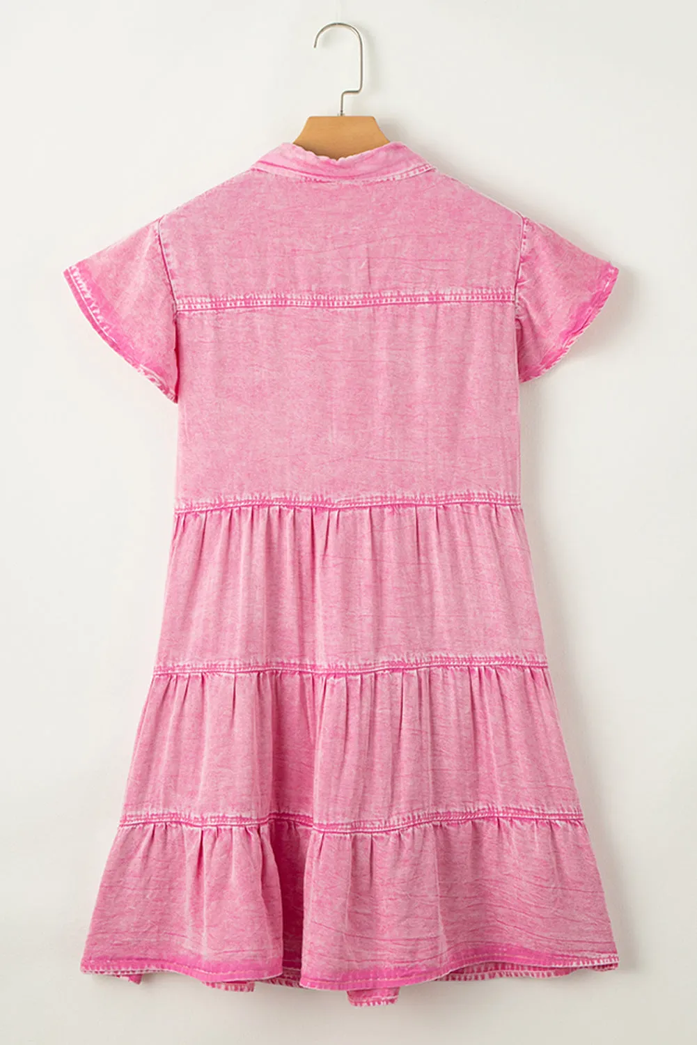 Bonbon Mineral Washed Button Front Ruffle Sleeve Tiered Denim Dress