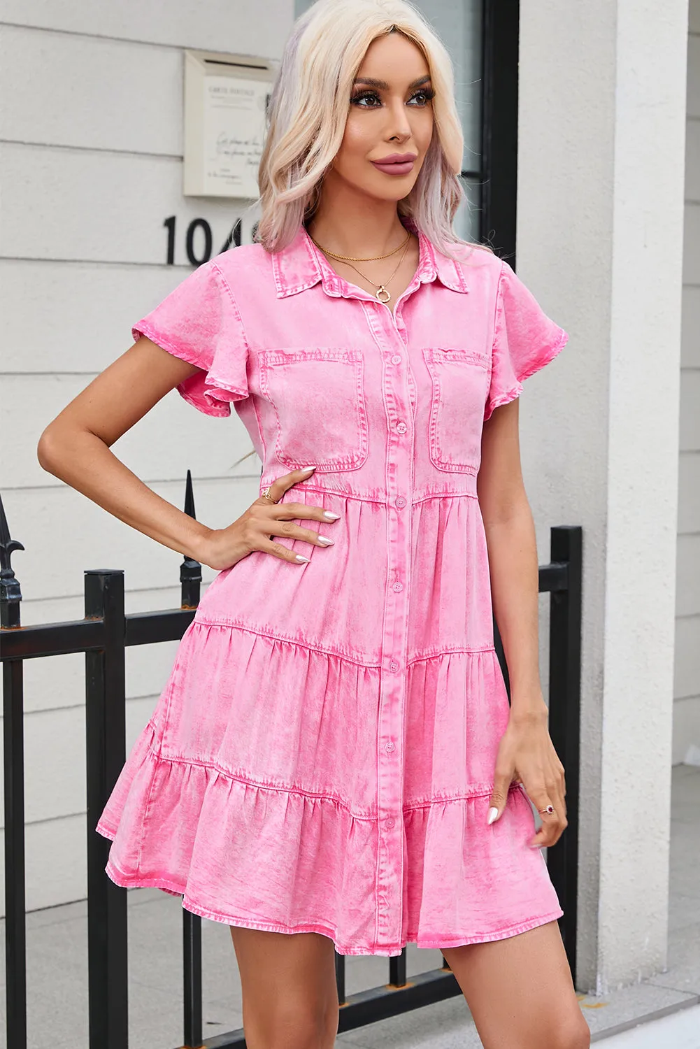 Bonbon Mineral Washed Button Front Ruffle Sleeve Tiered Denim Dress