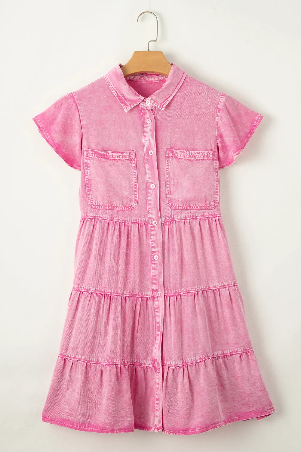 Bonbon Mineral Washed Button Front Ruffle Sleeve Tiered Denim Dress