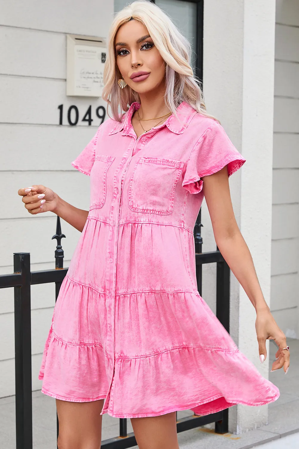 Bonbon Mineral Washed Button Front Ruffle Sleeve Tiered Denim Dress