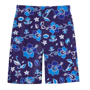 Boys UPF 50  Recycled Polyester Soft Stretch Below the Knee Printed Swim Board Shorts  | Blue Hawaii