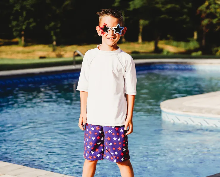 Boys UPF 50  Recycled Polyester Soft Stretch Below the Knee Printed Swim Board Shorts  | Blue Hawaii